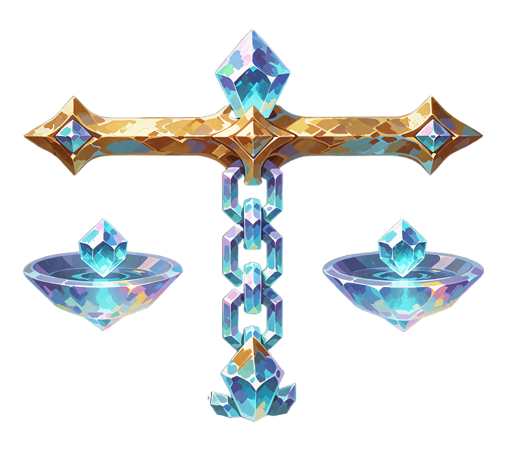 Balanceret v&aelig;gt med gylden bj&aelig;lke og to krystalsk&aring;le med ens cyan &aelig;delsten - symbol p&aring; provably fair spil
