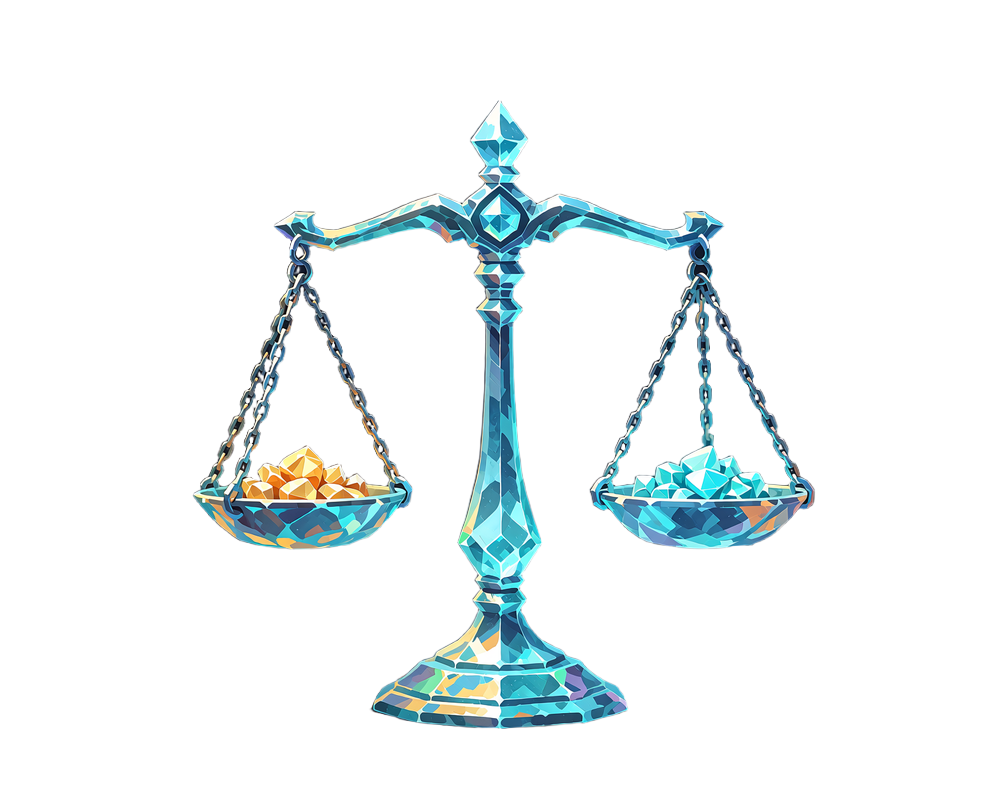 Balancev&aelig;gt af cyan krystal med guldsk&aring;r i den ene sk&aring;l og cyan sk&aring;r i den anden - fair spil og balance hos Winna