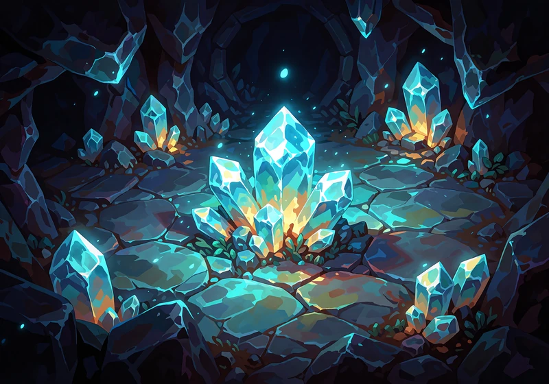 Lysende cyan krystalklynge i en m&oslash;rk klippehule med skjulte kamre - Winna Originals Mines